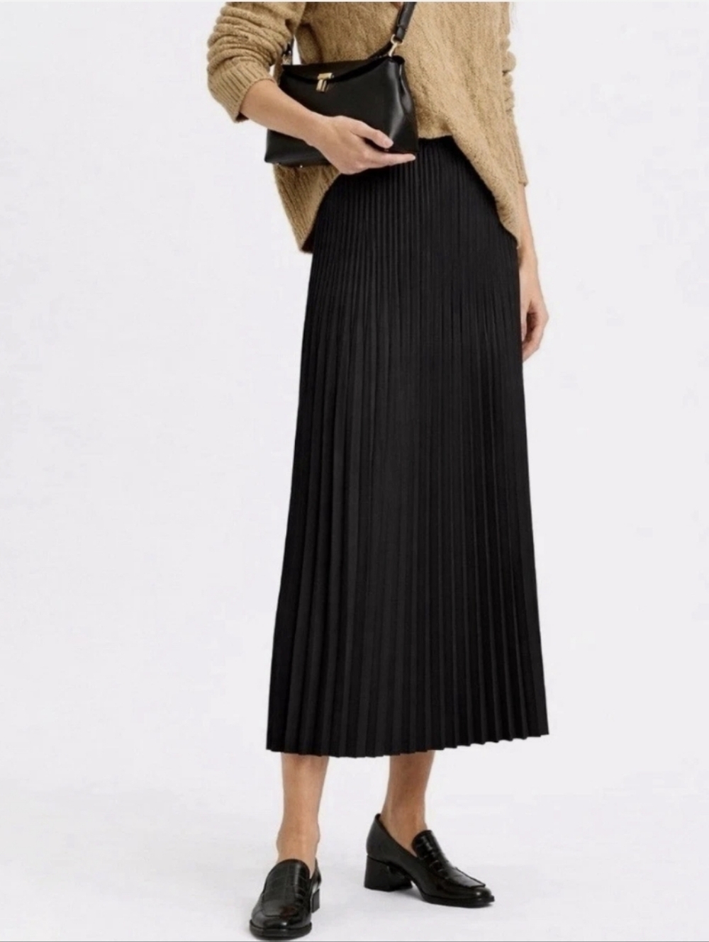 NWT Eileen Fisher Black Wool Silk Pleated Maxi Skirt Medium